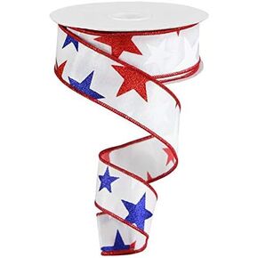 Glittered Stars Satin Wired Edge Ribbon - 10 Yards (White, 1.5")