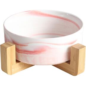 Ceramic Round Dog Cat Bowl 14OZ with Wood Stand, Durable Ceramic Food Water Elevated Dish for Pet, Modern Cute Weighted Food Water Set, Dogs Bowl with Stand, Cat Food & Water Bowl Set,Marble Pink