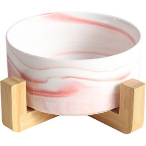 Ceramic Round Dog Cat Bowl 14OZ with Wood Stand, Durable Ceramic Food Water Elevated Dish for Pet, Modern Cute Weighted Food Water Set, Dogs Bowl with Stand, Cat Food & Water Bowl Set,Marble Pink