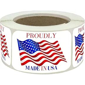 Office Werks - Made in USA Labels 3 X 2 Inches American Flag Stickers Glossy Paper, 500 PCS Per Roll Vinyl Decal United States Flag Sticker for Product Labeling (1 Roll) (1)