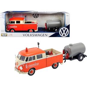 Volkswagen Type 2 (T1) Pickup Truck Orange and Cream with Oil Trailer Road Service 1/24 Diecast Model Car by Motormax 79674
