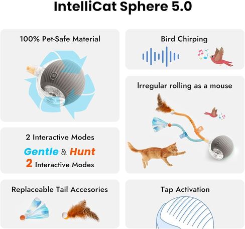 2025 New Generation Interactive Cat Ball Toy with Elastic Mesh Tail - Automatic Motion-Activated Chirping Kitten Toy for Indoor Cats, Relieves Boredom & Encourages Play in Kuwait