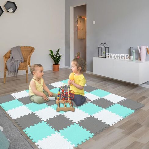 QQPP EVA RUBBER 18 TILES TILES FOMSGING FOM FOAM FLOUSTER - حصيرة لعب الأطفال للعب | حصيرة تمرين للتمرين المنزلي. أبيض ، أخضر ، رمادي. QC-AHLB18N in Kuwait