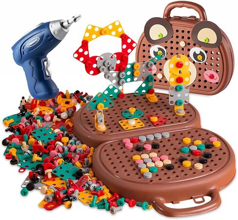 Magic Montessori Play Toolbox with Drill, 203Pcs Magic Montessori Play Toolbox Bear-Themed, 2D/3D Creativity Tool Box Montessori Toys Gift for Age 3-12 Years Old Boys Kids, Girls in Saudi Arabia