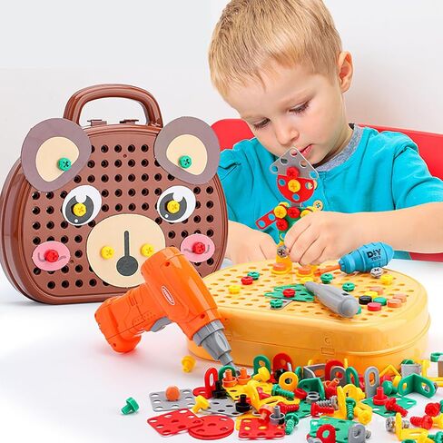 Magic Montessori Play Toolbox with Drill, 203Pcs Magic Montessori Play Toolbox Bear-Themed, 2D/3D Creativity Tool Box Montessori Toys Gift for Age 3-12 Years Old Boys Kids, Girls in Saudi Arabia