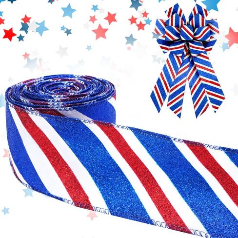 Threetols Patriotic Wired Edge Ribbon 2.5" 10 Yards, Memorial Day Red Blue Glitter Wired Ribbon Patriotic Ribbon Red Blue Stripe Ribbons for 4th of July Holiday Party DIY Craft Decoration Wreath Bow in Saudi Arabia