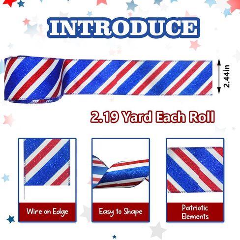 Threetols Patriotic Wired Edge Ribbon 2.5" 10 Yards, Memorial Day Red Blue Glitter Wired Ribbon Patriotic Ribbon Red Blue Stripe Ribbons for 4th of July Holiday Party DIY Craft Decoration Wreath Bow in Saudi Arabia