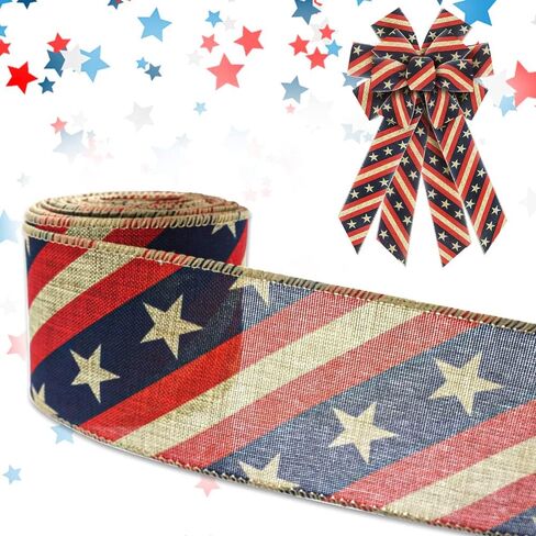 Threetols Patriotic Wired Edge Ribbon 2.5" 10 Yards, Memorial Day Red Blue Glitter Wired Ribbon Patriotic Ribbon Red Blue Stripe Ribbons for 4th of July Holiday Party DIY Craft Decoration Wreath Bow in Saudi Arabia