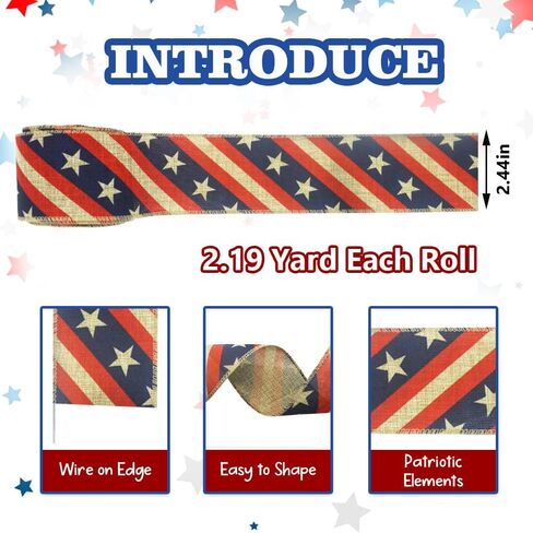 Threetols Patriotic Wired Edge Ribbon 2.5" 10 Yards, Memorial Day Red Blue Glitter Wired Ribbon Patriotic Ribbon Red Blue Stripe Ribbons for 4th of July Holiday Party DIY Craft Decoration Wreath Bow in Saudi Arabia
