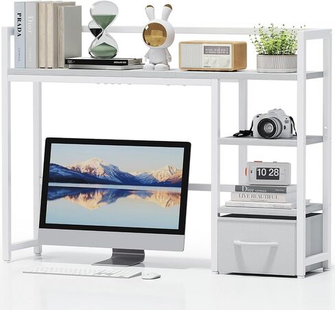 Marbrasse Desk Shelf مع درج ، 40 بوصة قفص مكتب لرصد الكمبيوتر ، رف المكتب لأعلى مكتب ، رف تخزين الكتب على سطح المكتب الخشبي للمكتب المنزلي - بني داكن. in Kuwait