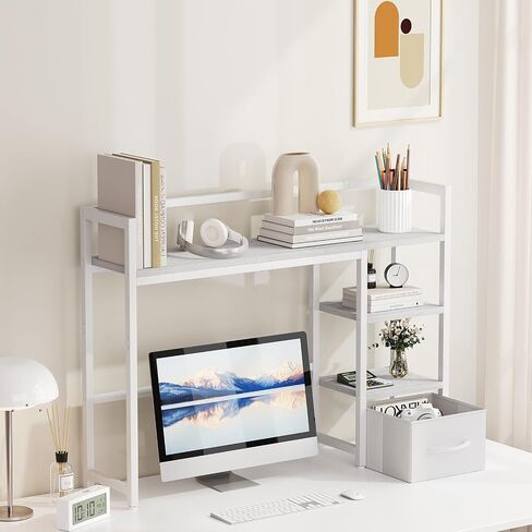 Marbrasse Desk Shelf مع درج ، 40 بوصة قفص مكتب لرصد الكمبيوتر ، رف المكتب لأعلى مكتب ، رف تخزين الكتب على سطح المكتب الخشبي للمكتب المنزلي - بني داكن. in Kuwait