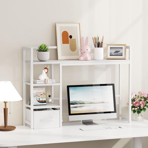 Marbrasse Desk Shelf مع درج ، 40 بوصة قفص مكتب لرصد الكمبيوتر ، رف المكتب لأعلى مكتب ، رف تخزين الكتب على سطح المكتب الخشبي للمكتب المنزلي - بني داكن. in Kuwait