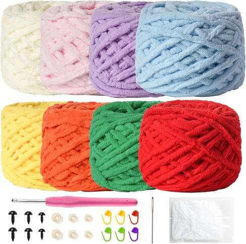 8 Pack 800g (393.7yd) Chenille Yarn for Crocheting - Soft Velvet Crochet Yarn with White Pink Purple Blue Yellow Orange Red Green Chunky Yarn - Premier Amigurumi Yarn Set C in Saudi Arabia