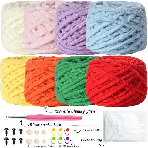 8 Pack 800g (393.7yd) Chenille Yarn for Crocheting - Soft Velvet Crochet Yarn with White Pink Purple Blue Yellow Orange Red Green Chunky Yarn - Premier Amigurumi Yarn Set C in Saudi Arabia