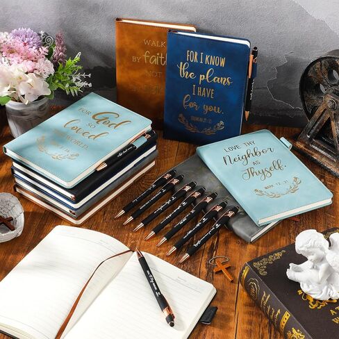 10 Set Christian Journals Notebooks A5 Leather Lined Journals Christian Pens Bible Verse Pens for Men Women Inspirational Teacher Gifts Church Event Birthday Gifts (Black) in Kuwait