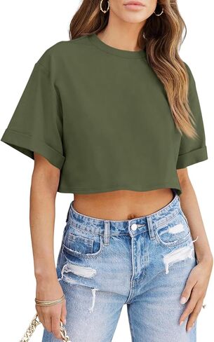 Tankaneo Women Crop T-Shirts Half Sleeve Drop Shoulder Cropped Tops Y2K Casual Summer Basic Tees in Saudi Arabia