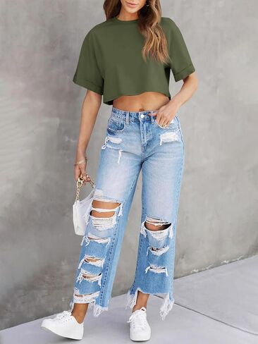 Tankaneo Women Crop T-Shirts Half Sleeve Drop Shoulder Cropped Tops Y2K Casual Summer Basic Tees in Saudi Arabia
