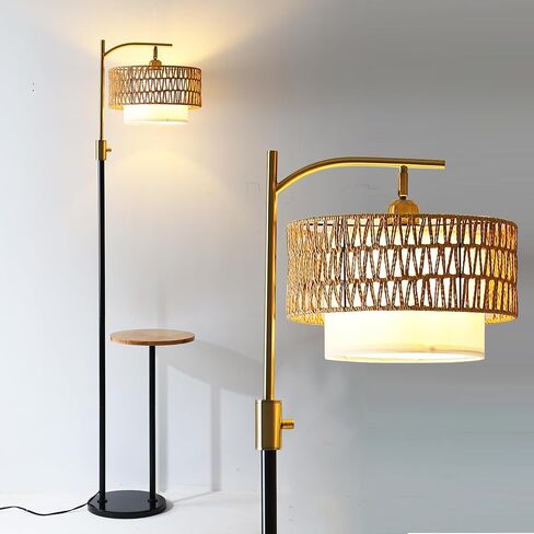Dimmable Floor Lamp with Table and Marble Base, Arc Floor Lamp with Dimmable Bulb, Boho Farmhouse Standing lamp with Fabric & Rattan Lampshades for Living Room Bedroom (Black and Gold) in Saudi Arabia