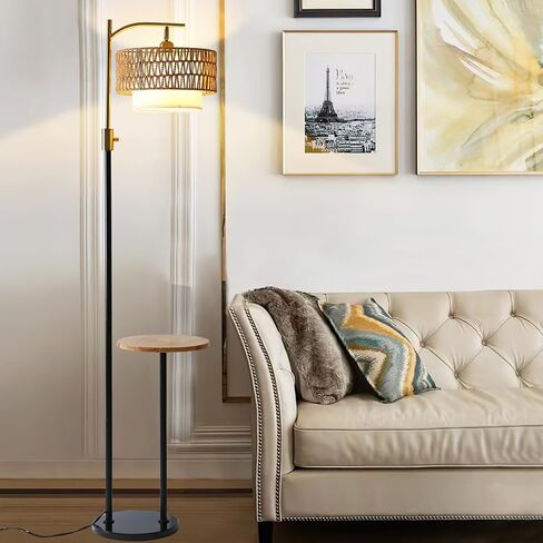 Dimmable Floor Lamp with Table and Marble Base, Arc Floor Lamp with Dimmable Bulb, Boho Farmhouse Standing lamp with Fabric & Rattan Lampshades for Living Room Bedroom (Black and Gold) in Saudi Arabia