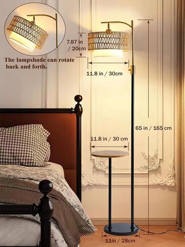 Dimmable Floor Lamp with Table and Marble Base, Arc Floor Lamp with Dimmable Bulb, Boho Farmhouse Standing lamp with Fabric & Rattan Lampshades for Living Room Bedroom (Black and Gold) in Saudi Arabia