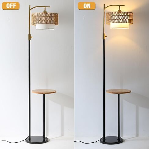 Dimmable Floor Lamp with Table and Marble Base, Arc Floor Lamp with Dimmable Bulb, Boho Farmhouse Standing lamp with Fabric & Rattan Lampshades for Living Room Bedroom (Black and Gold) in Saudi Arabia