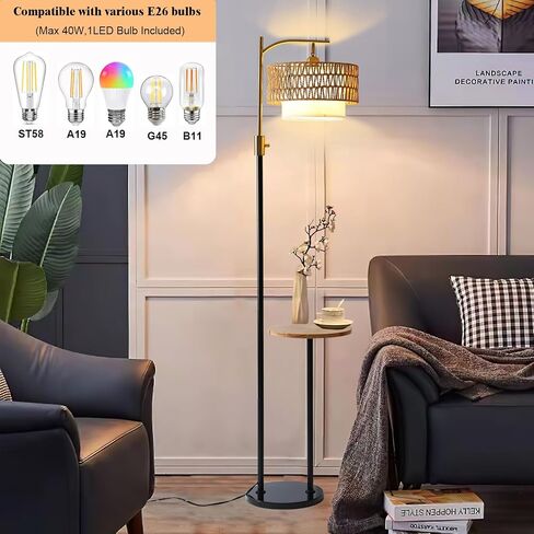 Dimmable Floor Lamp with Table and Marble Base, Arc Floor Lamp with Dimmable Bulb, Boho Farmhouse Standing lamp with Fabric & Rattan Lampshades for Living Room Bedroom (Black and Gold) in Saudi Arabia