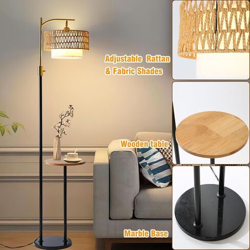 Dimmable Floor Lamp with Table and Marble Base, Arc Floor Lamp with Dimmable Bulb, Boho Farmhouse Standing lamp with Fabric & Rattan Lampshades for Living Room Bedroom (Black and Gold) in Saudi Arabia
