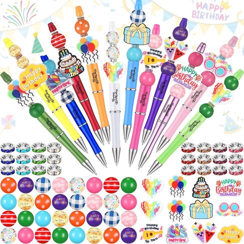 Geyee 12 Set Beadable Pens Assorted Bead Pens Wood Crystal Round Spacer Set Black Ink DIY Ballpoint for Women Men Gift Office Supplies(Multicolor,Coffee) in Kuwait