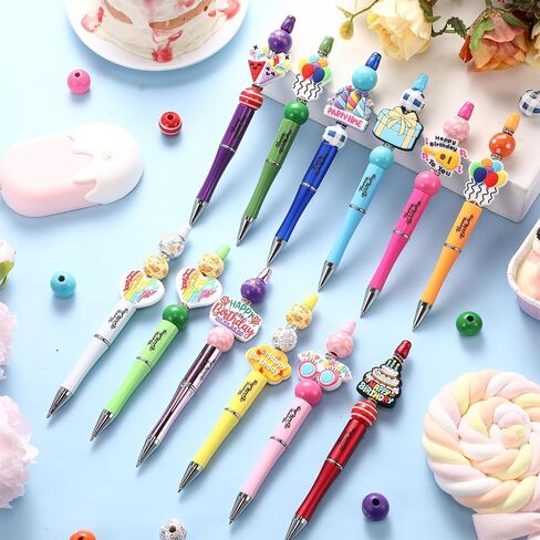 Geyee 12 Set Beadable Pens Assorted Bead Pens Wood Crystal Round Spacer Set Black Ink DIY Ballpoint for Women Men Gift Office Supplies(Multicolor,Coffee) in Kuwait