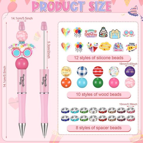 Geyee 12 Set Beadable Pens Assorted Bead Pens Wood Crystal Round Spacer Set Black Ink DIY Ballpoint for Women Men Gift Office Supplies(Multicolor,Coffee) in Kuwait