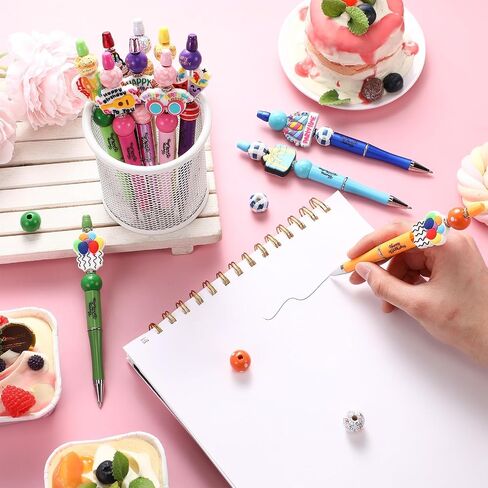 Geyee 12 Set Beadable Pens Assorted Bead Pens Wood Crystal Round Spacer Set Black Ink DIY Ballpoint for Women Men Gift Office Supplies(Multicolor,Coffee) in Kuwait