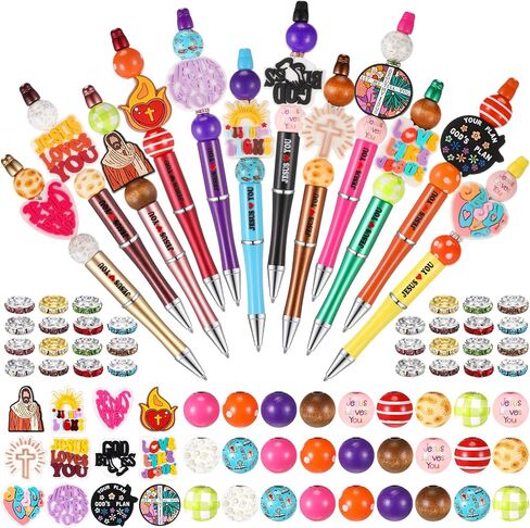 Geyee 12 Set Beadable Pens Assorted Bead Pens Wood Crystal Round Spacer Set Black Ink DIY Ballpoint for Women Men Gift Office Supplies(Multicolor,Coffee) in Kuwait