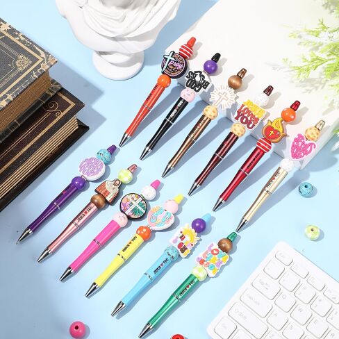 Geyee 12 Set Beadable Pens Assorted Bead Pens Wood Crystal Round Spacer Set Black Ink DIY Ballpoint for Women Men Gift Office Supplies(Multicolor,Coffee) in Kuwait
