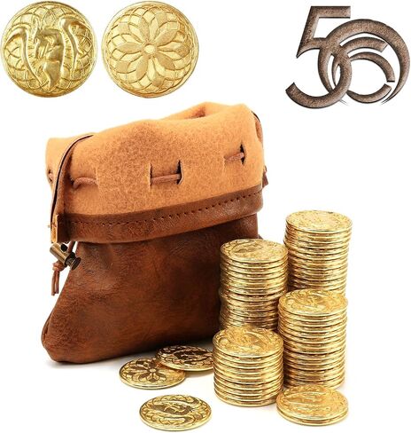 50 PCS Gold Coins & PU Leather Bag, DND Metal Coins, Fantasy Coins Treasure for Board Games, Fake Coins As Game Tokens for Dungeons & Dragons, Tabletop TTRPG Games Medieval Retro Accessories Addons in Kuwait