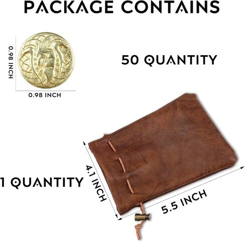 50 PCS Gold Coins & PU Leather Bag, DND Metal Coins, Fantasy Coins Treasure for Board Games, Fake Coins As Game Tokens for Dungeons & Dragons, Tabletop TTRPG Games Medieval Retro Accessories Addons in Kuwait