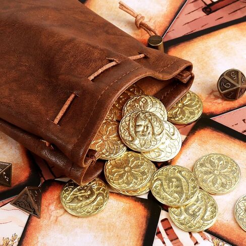 50 PCS Gold Coins & PU Leather Bag, DND Metal Coins, Fantasy Coins Treasure for Board Games, Fake Coins As Game Tokens for Dungeons & Dragons, Tabletop TTRPG Games Medieval Retro Accessories Addons in Kuwait