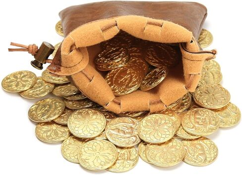 50 PCS Gold Coins & PU Leather Bag, DND Metal Coins, Fantasy Coins Treasure for Board Games, Fake Coins As Game Tokens for Dungeons & Dragons, Tabletop TTRPG Games Medieval Retro Accessories Addons in Kuwait