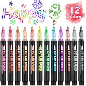 Double Line Outline Markers 24 Colors Super Squiggles Glitter Markers Self Outline Metallic Markers, Doodle Shimmer Markers Drawing Pens for Christmas Greeting Card, Birthday Gift, DIY Art Crafts