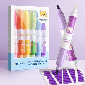 ENMY Erasable Highlighter Pens, 6 PCS Dual Tip Erasable Highlighter Pen Assorted Colors, Smooth Writing Book Journaling Highlighters Erasable, No Bleeding Highlighters for Bible Journal Planner