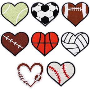 8pcs Heart Shaped Sports Ball Patches, Heart Patches Baseball Football Tennis Rugby Basketball Patches Embroidered Patches Sports Iron on Patches for Clothing Jeans Jackets Hats