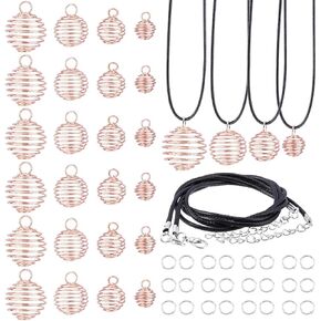 PH PandaHall 24pcs 4 Sizes Spiral Bead Cages Pendants Stone Holder Necklace Cage 24 Strands 17 Inch Black Leather Necklace Cord 50pcs 6mm Open Jump Ring Rock Tumbler Jewelry Making, Rose Gold
