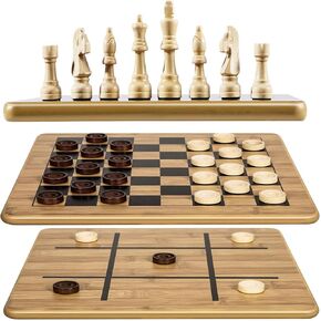 VAMSLOVE Checkers Chess Tic-Tac-Toe Game Set 11.5" x 11.5" Double-Sided 3 in 1 Board with Chess Pieces - 2 Extra Queens - Interlocking Checkers - Storage Bag - Instructions