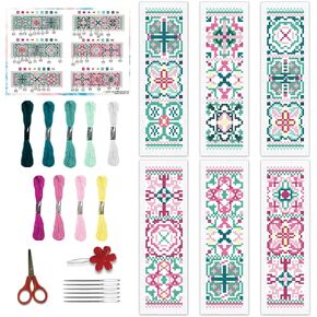 BEUNITONE Cross Stitch Bookmark Kits 6 Pcs Variegated Flowers DIY Bookmarks Cross Stitch Set for Adults Beginners Hand Embroidery Set Traditional Decorative Patterns Craft Kits for Gifts 8''x2.4''