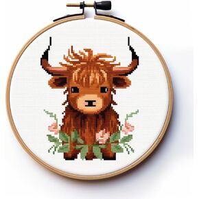 Generic Cartoon Baby Highland Cow DIY Stamped Cross Stitch Kits Easy for Beginners Children with Hoop 11CT Needlepoint Counted Embroidery Kits Art Craft Wall Decoration 12x12inch(7)