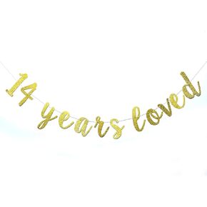 14 Years Loved Banner Sign Gold Glitter for 14th Birthday Party Decorations Anniversary Decor Pre-assembled Bunting Photo Booth Props