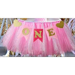 1st Birthday Girl Baby Tutu for High Chair Decoration and "ONE" Pennant Happy Birthday for Highchair