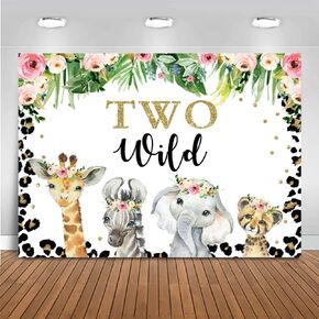 Mocsicka Two Wild Backdrop for Girl Jungle Safari Animals 2nd Birthday Party Decoration Floral Leopard Photo Background for Birthday Banner (7x5ft (82x60 inch))