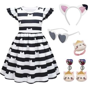 Cat Dollhouse Costume Ruffled Sleeve Dress, Accessories Set Halloween Christmas Outfits For 4-8Y Little Cutie