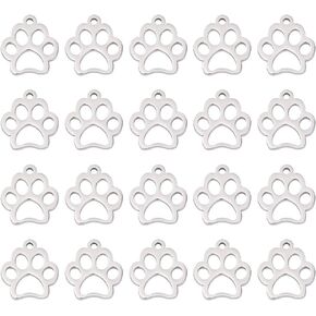 PH PandaHall 20Pcs 12.9mm Dog Paw Prints Charm Stainless Steel Pendants 1.5mm Small Hole Metal Hollow Charms for DIY Chain Jewelry Making Stainless Steel Color