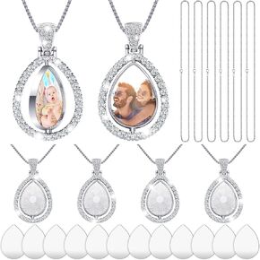 Junkin 24 Pcs Sublimation Rhinestone Trays Pendant Set, Including 6 Double Sided Blank Rhinestone Bezel Trays, 6 Pcs Thick Chains with 12 Sublimation Discs for Making (Multiple Style)